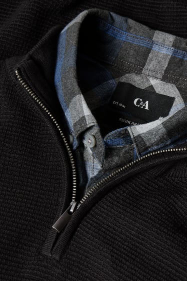 Herren - Pullover und Hemd - Regular Fit - Button-down - schwarz