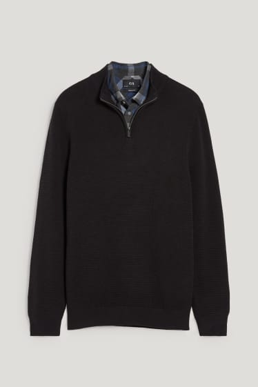 Herren - Pullover und Hemd - Regular Fit - Button-down - schwarz