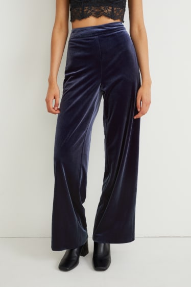 Women - Velvet trousers - high-rise waist - wide leg - dark blue