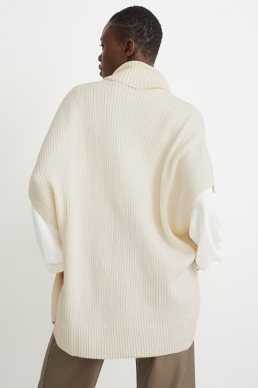 Dames - Gebreide poncho, deels van kasjmier - crème wit