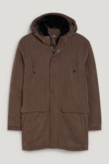 Hommes - Parka à capuche au col en fausse fourrure - marron foncé