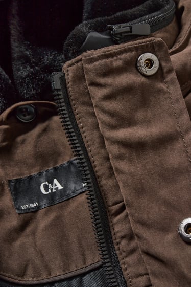 Hommes - Parka à capuche au col en fausse fourrure - marron foncé