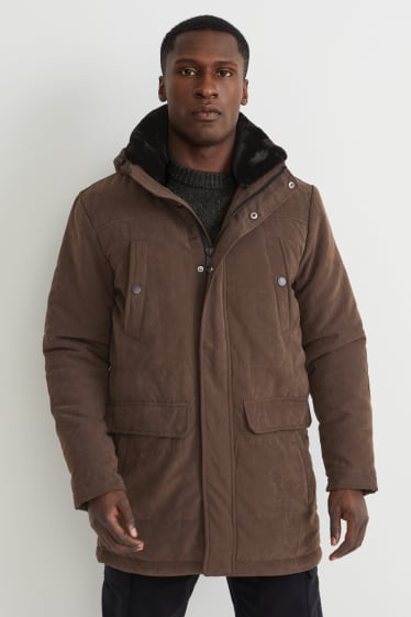 Hommes - Parka à capuche au col en fausse fourrure - marron foncé