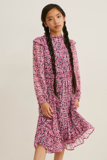 Filles - Robe de gaze - à fleurs - rose