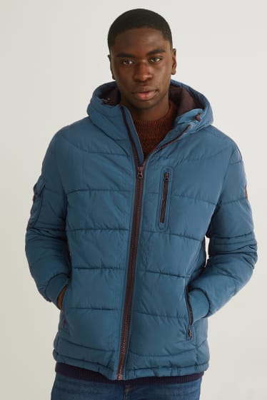 Pánské - Prošívaná bunda s kapucí - modrá