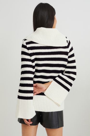 Damen - Pullover - gestreift - schwarz / weiß