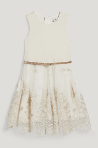 Niñas - Vestido con cinturón - de fiesta - blanco roto