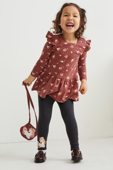 Małe dziewczynki - Komplet - bluzka z długim rękawem, legginsy i torebka - 3 części - bordowy