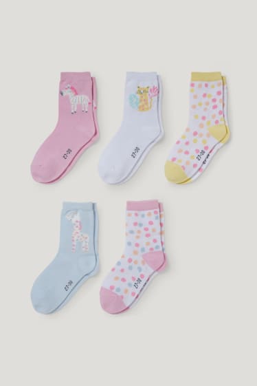Filles - Lot de 5 paires - animaux - chaussettes à motif - blanc / rose