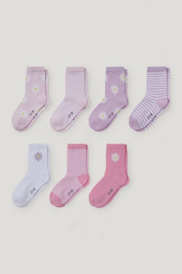 Filles - Lot de 7 paires - fleurs et rayures - chaussettes à motif - rose