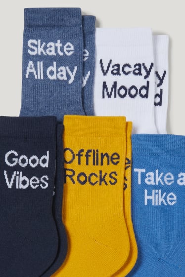 Garçons - Lot de 5 paires - message - chaussettes à motif - bleu foncé