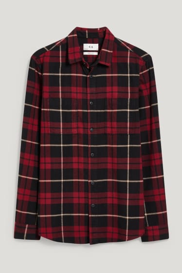 Pánské - Flanelová košile - regular fit - kent - kostkovaná - červená/černá