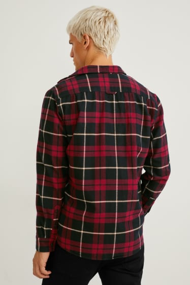 Heren - Flanellen overhemd - regular fit - kent - geruit - rood / zwart