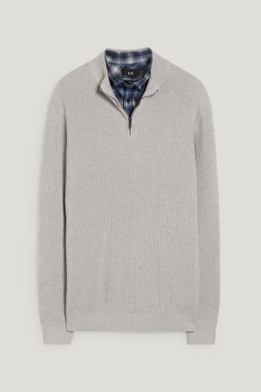 Herren - Pullover und Hemd - Regular Fit - Button-down - blau  / grau