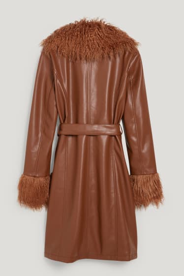 Online exclusive - CLOCKHOUSE - coat with faux fur trim - faux leather - brown