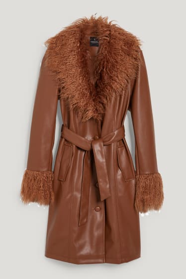 Online exclusive - CLOCKHOUSE - coat with faux fur trim - faux leather - brown