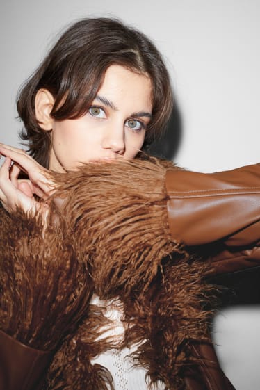 Online exclusive - CLOCKHOUSE - coat with faux fur trim - faux leather - brown