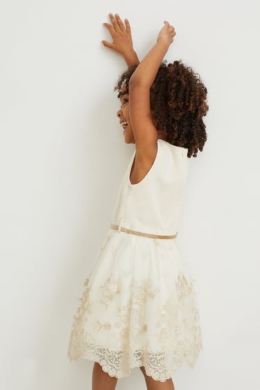 Niñas - Vestido con cinturón - de fiesta - blanco roto