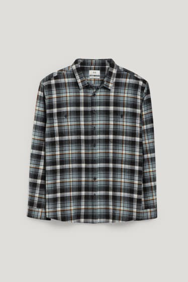 Pánské XL - Flanelová košile - regular fit - kent - kostkovaná - tyrkysová/černá