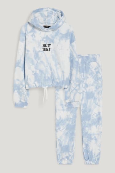 Filles - Ensemble - sweat à capuche et pantalon de jogging - deux pièces - blanc / bleu clair