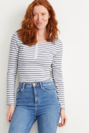 Dames - Basic longsleeve - gestreept - wit / blauw
