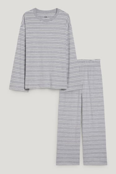Damen - Pyjama - gestreift - hellgrau