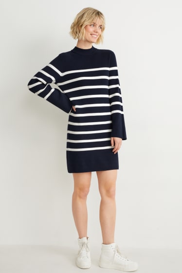 Women - Knitted dress - striped - dark blue / white