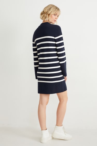 Women - Knitted dress - striped - dark blue / white