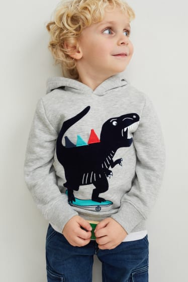 Batolata chlapci - Motiv dinosaura - mikina s kapucí - světle šedá-žíhaná