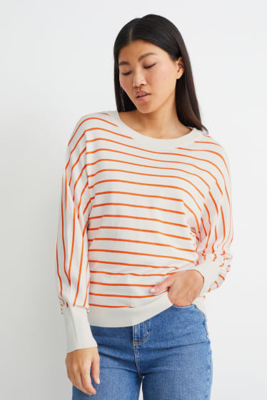 Damen - Pullover - gestreift - weiß / orange