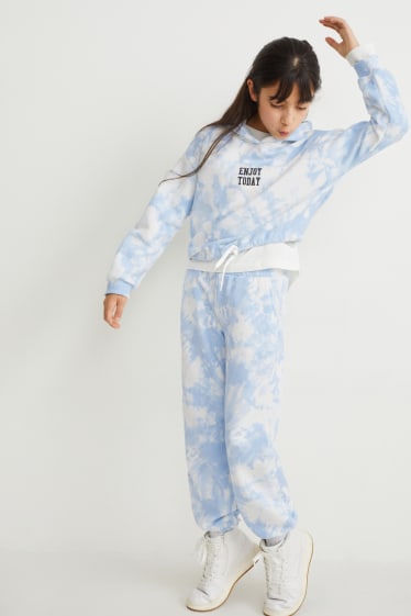 Filles - Ensemble - sweat à capuche et pantalon de jogging - deux pièces - blanc / bleu clair
