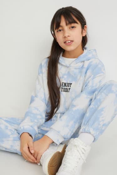 Filles - Ensemble - sweat à capuche et pantalon de jogging - deux pièces - blanc / bleu clair