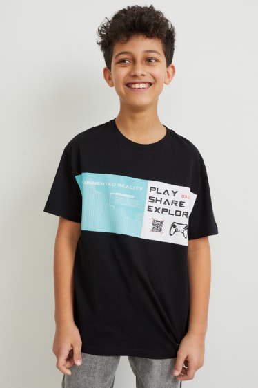 Reverskraag - T-shirt - Augmented reality-motief - zwart