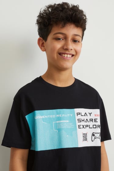 Reverskraag - T-shirt - Augmented reality-motief - zwart