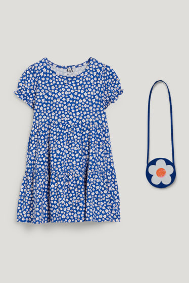 Filles - Ensemble - robe et sac - 2 pièces - à fleurs - bleu