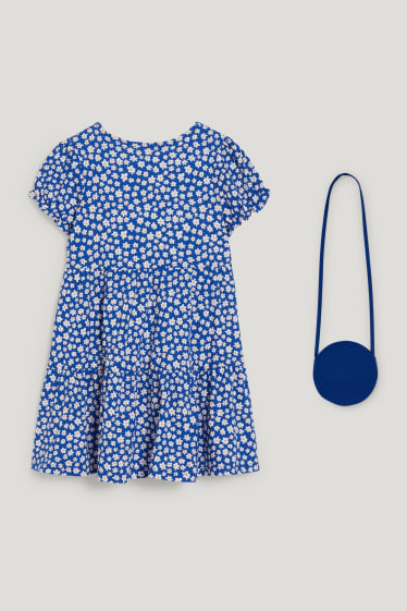 Filles - Ensemble - robe et sac - 2 pièces - à fleurs - bleu