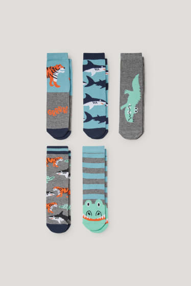 Garçons - Lot de 5 paires - animaux - chaussettes à motif - bleu