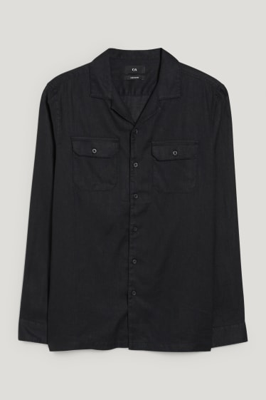 Pánské - Košile - regular fit - klopový límec - lněná směs - černá