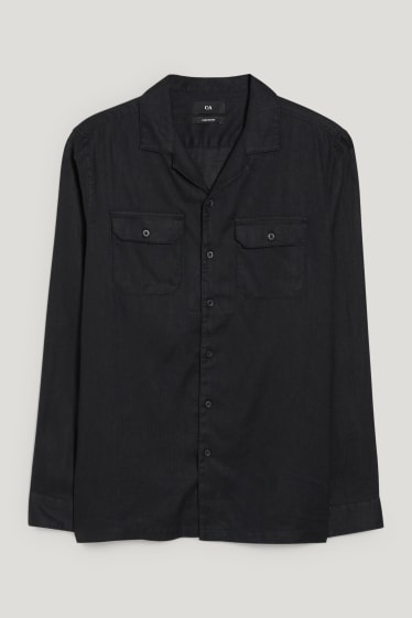 Men - Shirt - regular fit - lapel collar - linen blend - black