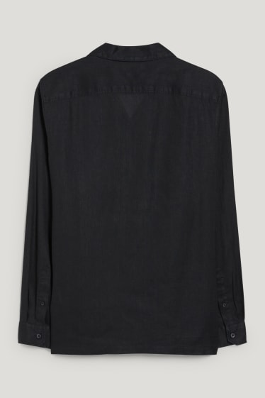 Men - Shirt - regular fit - lapel collar - linen blend - black