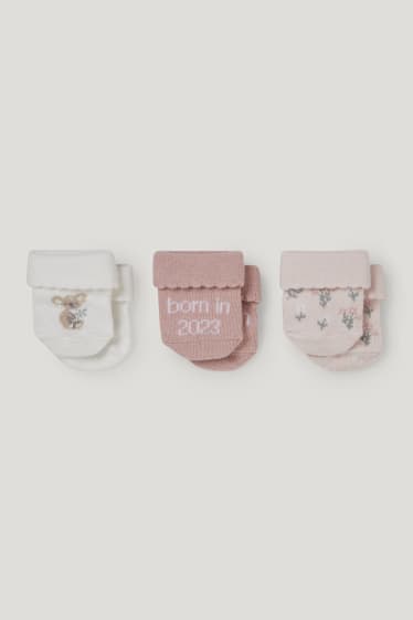 Baby Girls - Multipack 3er - Bärchen - Erstlings-Socken mit Motiv - weiß / rosa