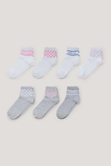 Filles - Lot de 7 paires - carreaux et villes - chaussettes à motif - blanc