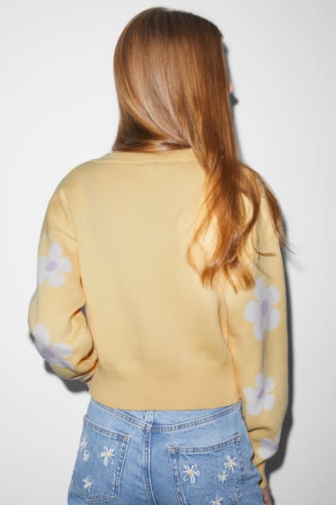 Clockhouse femme - CLOCKHOUSE - gilet de maille court - à fleurs - jaune