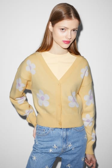 Clockhouse femme - CLOCKHOUSE - gilet de maille court - à fleurs - jaune