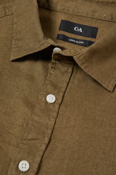 Pánské - Košile - regular fit - kent - lněná směs - khaki
