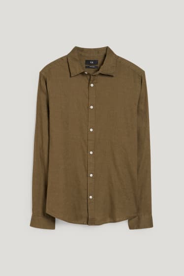 Pánské - Košile - regular fit - kent - lněná směs - khaki