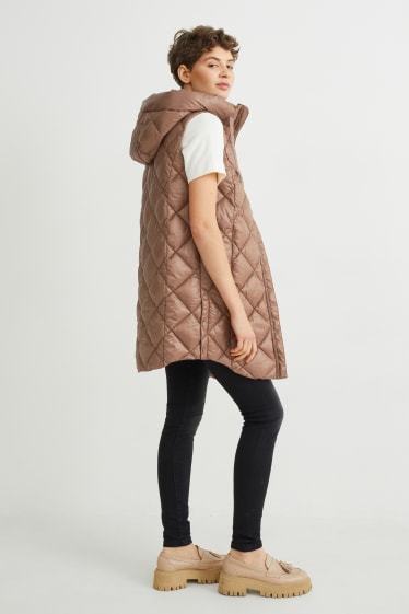 Dames - Gewatteerde bodywarmer met capuchon - lichtbruin