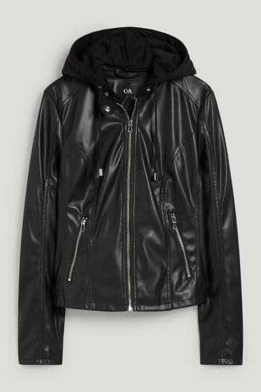 Donna - Giacca con cappuccio - similpelle - nero