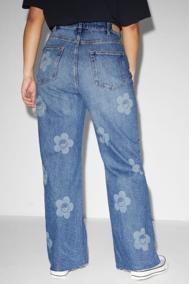 Damen XL - CLOCKHOUSE - Wide Leg Jeans - High Waist - geblümt - jeans-blau