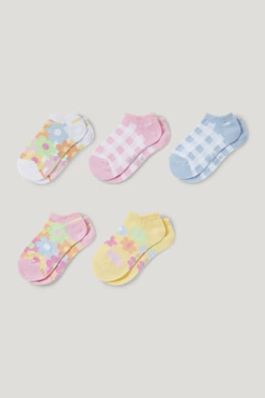 Filles - Lot de 5 paires - fleurs et carreaux - chaussettes à motif - rose